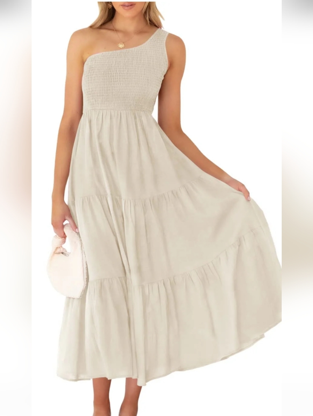 ZESICA Elegant One-Shoulder Cream Dress smocked ruffled tiered maxi dress size L
